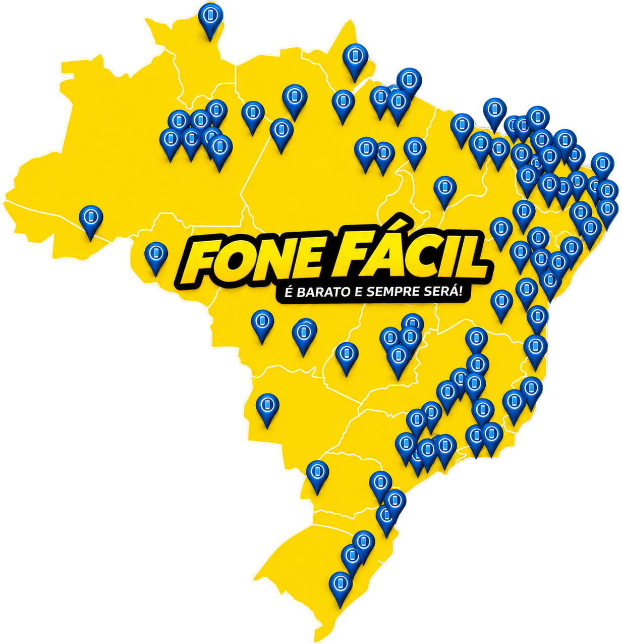 Mapa do Brasil com as lojas Casa do Celular espalhadas por todo o país